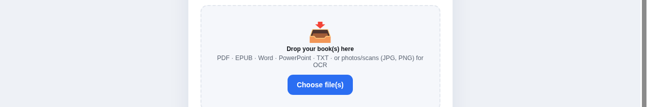 Bindlore product UI: drop a DRM-free PDF, EPUB, or document you have the right to use.