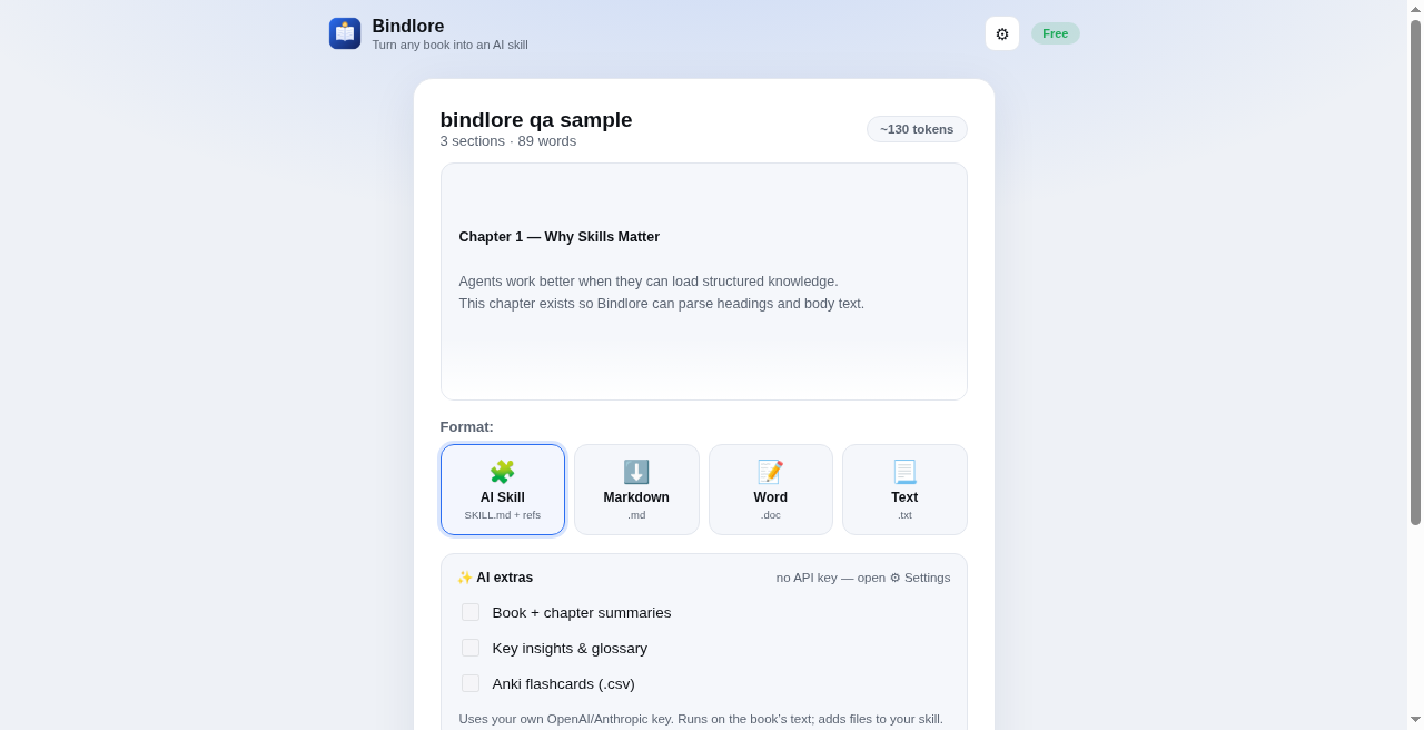 Bindlore product UI: preview title, author, and sections before export.